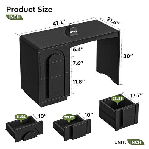 47" Computer Desk with 3 Drawers, Executive Style, Black, view 3
