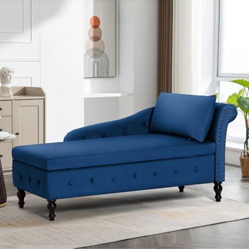 Velvet Chaise Lounge w/Right Armrest & Storage Space, Blue, view 2