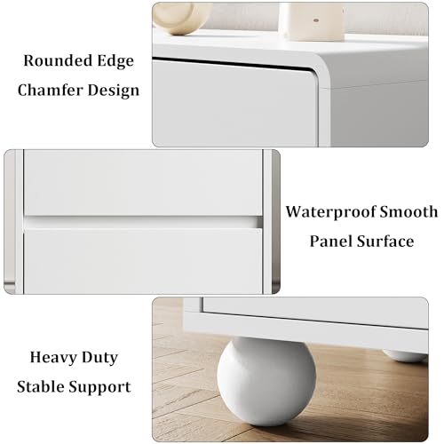 Mid-Century 3-Piece Dresser Bedroom Set, 6 Drawer Dresser & 2 Drawer Nightstands with Curved Profile Design & Handle Free, Wood Chest of Drawers for Bedroom, Living Room, Hallway, White