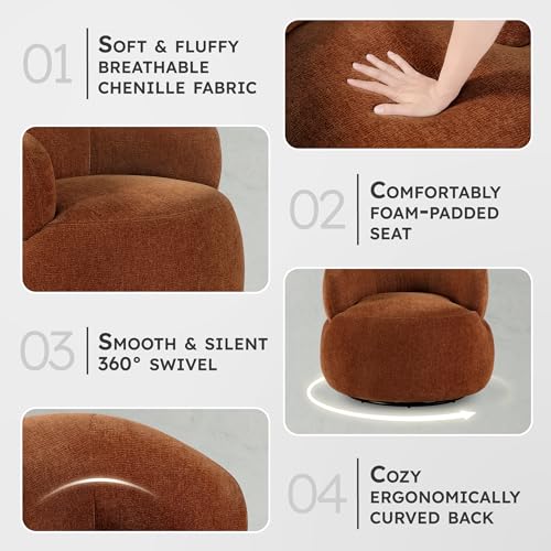Modern Barrel Swivel Accent Chair - Upholstered Soft Chenille Fabric with Metal Base, 360 Degree Round Swivel Accent Chair for Living Room, Bedroom, Office, No Assembly Required, Rusty Orange