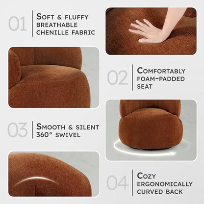 Modern Barrel Swivel Accent Chair - Upholstered Soft Chenille Fabric with Metal Base, 360 Degree Round Swivel Accent Chair for Living Room, Bedroom, Office, No Assembly Required, Rusty Orange