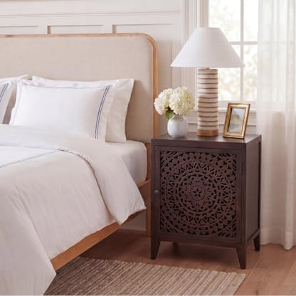 SAFAVIEH Furniture - Thea 1-Door Carved Nightstand - Brown - Mango Wood - Artisan Global Design - Ideal for Bedroom, 20"W x 14"D x 26"H - Fully Assembled (NST5300A)
