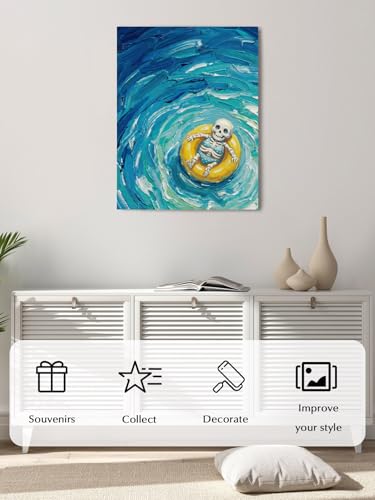NuYeBiofx Ombre Blue Ocean Funny Skeleton Canvas Wall Art Prints,40"x28" Framed Picture Artwork Abstract Oil Painting Printed Canvas Oil Painting for Living Room Bedroom Office,Ready to Hang