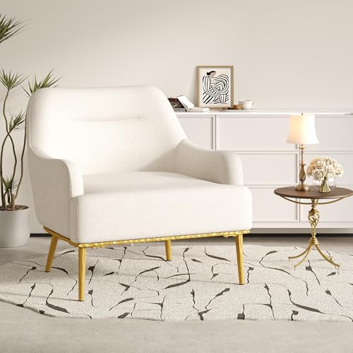 Justin Modern Accent Chair with Metal Legs, Chenille Upholstered Lounge Chair Indoor, Curved Backrest Armchair, Soft Cushion Seating for Living Room Reading Home, Beige