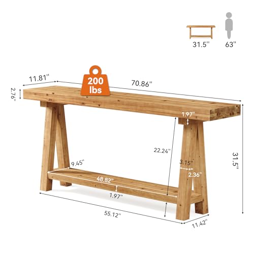 70.9-Inch Solid Wood Console Table for Entryway, Farmhouse Long Sofa Table with Shelves for Living Room, Hallway, Foyer, Easy Assembly