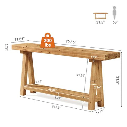 70.9-Inch Solid Wood Console Table for Entryway, Farmhouse Long Sofa Table with Shelves for Living Room, Hallway, Foyer, Easy Assembly