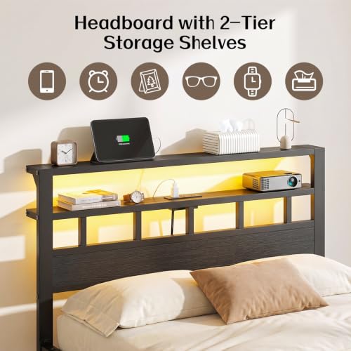 Full Size Wooden Bed Frame with Lights, view 4