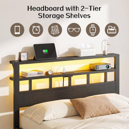 Full Size Wooden Bed Frame with Lights, view 4