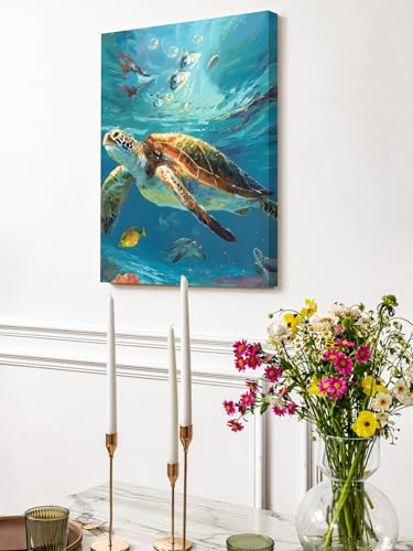 NuYeBiofx Summer Underwater Sea Turtle Canvas Wall Art Prints,40"x28" Framed Picture Artwork Coastal Ocean Creature Printed Canvas Oil Painting for Living Room Bedroom Office,Ready to Hang