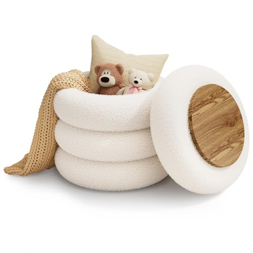 Soft Teddy Round Ottoman with Tray, 17.5 Inches Ottoman Coffee Table with Storage for Living Room, Vanity Stool with Storage Bedroom, Load up to 300 lb, No Assembly Required (White)
