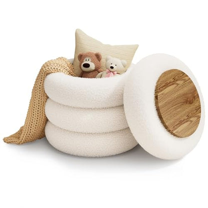 Soft Teddy Round Ottoman with Tray, 17.5 Inches Ottoman Coffee Table with Storage for Living Room, Vanity Stool with Storage Bedroom, Load up to 300 lb, No Assembly Required (White)