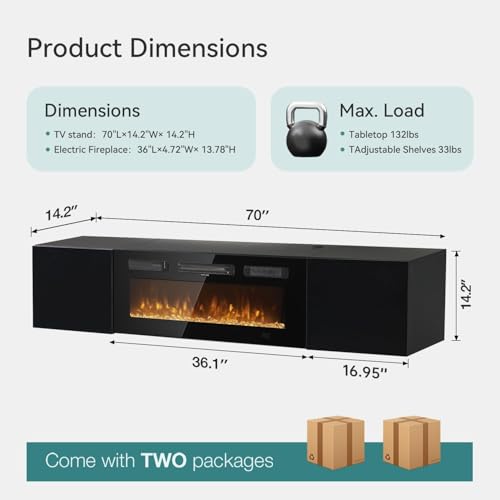 70'' Floating TV Stand with 36" Electric Fireplace, view 3