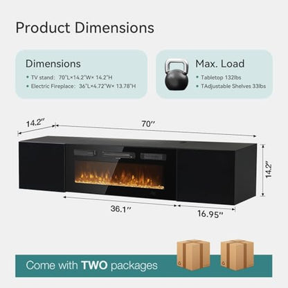 70'' Floating TV Stand with 36" Electric Fireplace, view 3