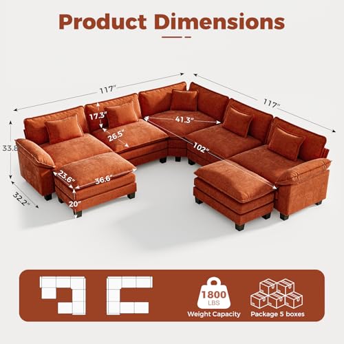 117" Oversized Modular Sectional Sofa with Corner, Comfy V-Shaped Cloud Couch w/ 2 Ottomans, 7-Seater Chenille Deep Seat Modern Sofa Couch for Living Room, DIY Combination, Terracotta Orange