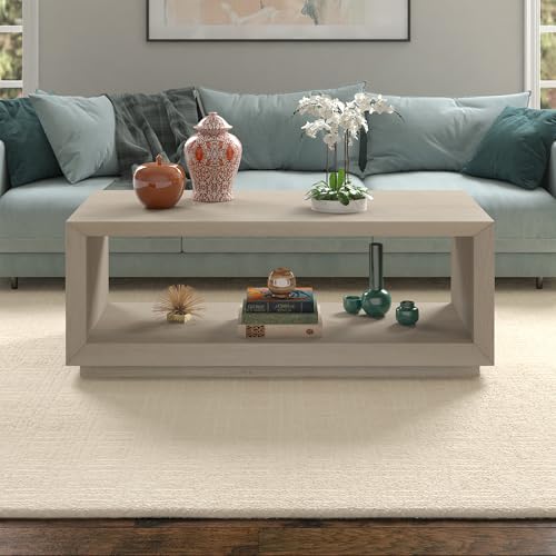 48" Rectangular Coffee Table with Open Storage Shelf for Living Room, Family Room, or Office, Beech White