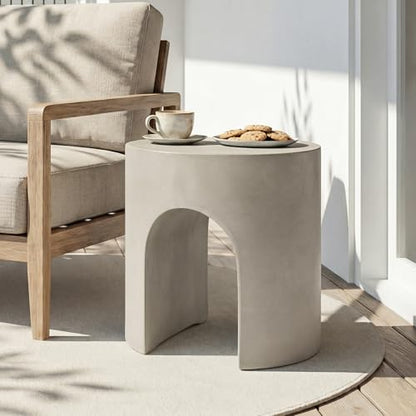 Outdoor Side Table, 16" W Concrete End Table w Arch Shape, Round Cement Accent Table Lightweight for Patio, Modern Decorative Garden Stool for Patio, Backyard, Grey