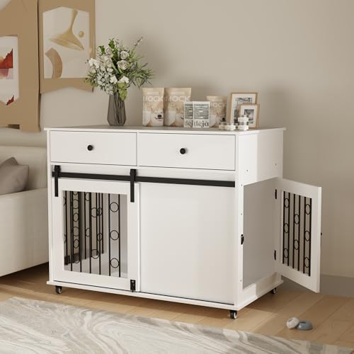 Rolling Furniture Dog Crate, 39" Wood Dog Crate End Table with Swivel Casters, view 6