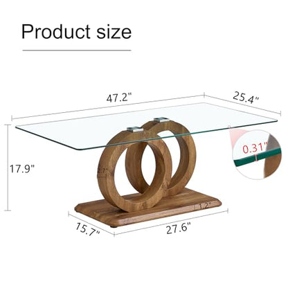 Glass Coffee Table for Living Room, Modern Tempered Glass Tabletop and MDF Legs, Small Modern Coffee Table. (Natural, Style 1)