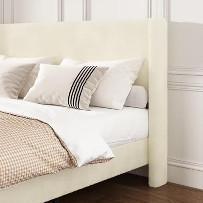 Queen Bed Frame, Boucle Upholstered Platform Bed with Wingback Headboard, view 5