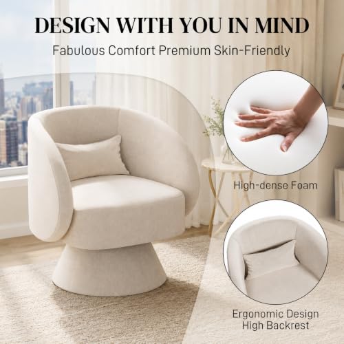Swivel Barrel Chair 360 Degree Swivel Accent Chair with Armrest, Comfy Small Round Sherpa Swivel Vanity Chairs with Pillow for Living Room, Bedroom,Office (Beige White, Linen)