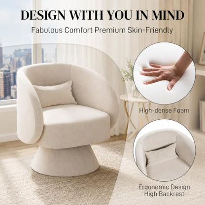 Swivel Barrel Chair 360 Degree Swivel Accent Chair with Armrest, Comfy Small Round Sherpa Swivel Vanity Chairs with Pillow for Living Room, Bedroom,Office (Beige White, Linen)