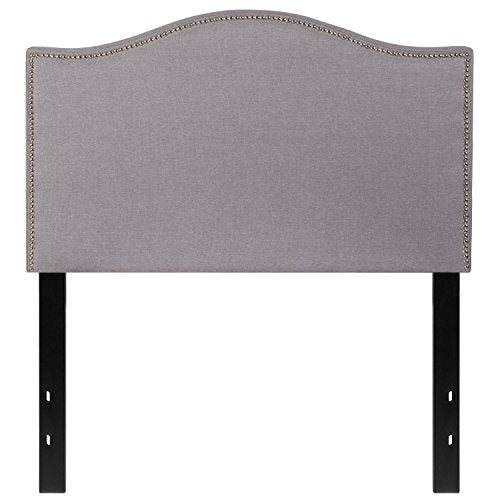 Upholstered Twin Size Headboard with Nailtrim in Light Gray Fabric