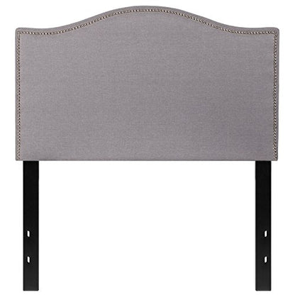 Upholstered Twin Size Headboard with Nailtrim in Light Gray Fabric