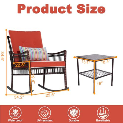 Outdoor Rocking Chairs 3 Pieces Patio Conversation Front Porch Furniture, Wicker Rocking Chairs Bistro Set with Coffee Table and Cushions for Garden and Balcony, Orange