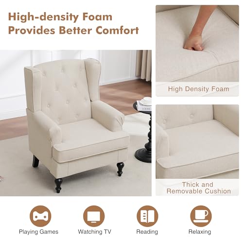 Accent Chair Set of 2, Mid Century Modern Fabric Wingback Chair, Upholstered Armchair with High Back and Vintage Legs, Comfy Single Sofa Side Reading Chair for Living Room Bedroom, Khaki
