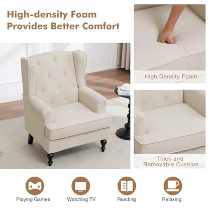 Accent Chair Set of 2, Mid Century Modern Fabric Wingback Chair, Upholstered Armchair with High Back and Vintage Legs, Comfy Single Sofa Side Reading Chair for Living Room Bedroom, Khaki