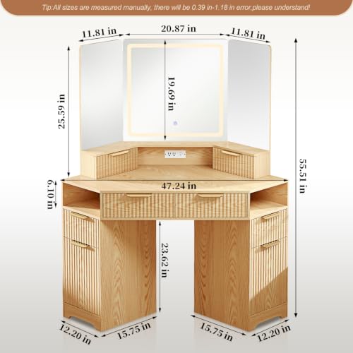 Corner Makeup Vanity Desk with 3 Way Mirror and Lights, view 3