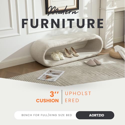 Shoe Bench for Entryway, 52.2''W Curved Modern No-Assembly End of Bed Bench Ottoman for Living Room, Cloakroom, Passageway, Light Oatmeal.