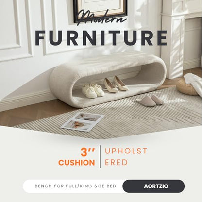 Shoe Bench for Entryway, 52.2''W Curved Modern No-Assembly End of Bed Bench Ottoman for Living Room, Cloakroom, Passageway, Light Oatmeal.