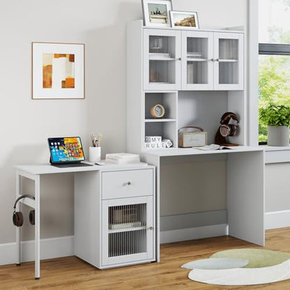 L Shaped Home Office Desks with 90° Rotating Retractable Desktop, Glass Door, view 6