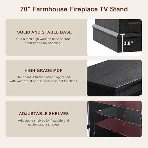 70" Fireplace TV Stand, 3-Sided Glass Fireplace and Modern Entertainment Center, view 8