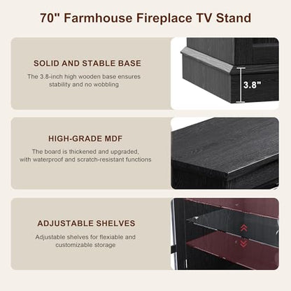 70" Fireplace TV Stand, 3-Sided Glass Fireplace and Modern Entertainment Center, view 8