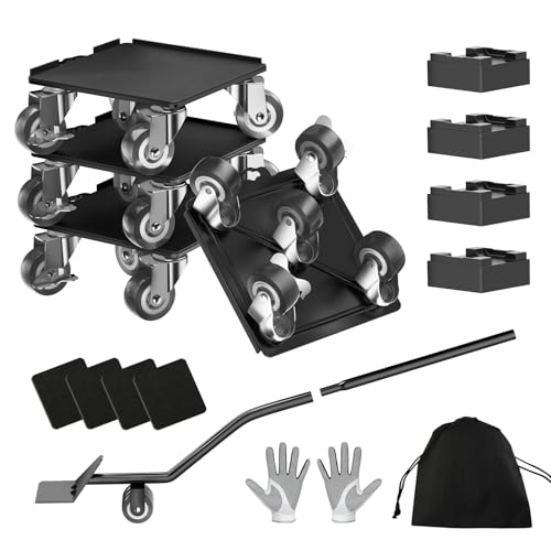 Heavy Duty Furniture Dolly Set with 5 Wheels, Furniture Movers with Lifter Tool, Carbon Steel Moving Sliders for Sofa Refrigerator Cabinet, 360° Rotating Casters, Black, 5.3 Inch