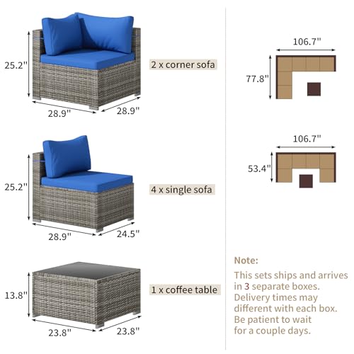 7 Piece Patio Furniture Set, Outdoor Wicker Patio Sofa Set, PE Rattan Sectional Couch with Glass Table and Blue Cushions, All-Weather 7 Piece Outdoor Patio Furniture Sets, Grey