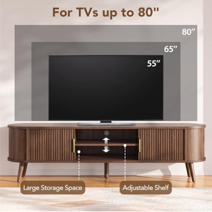 Mid Century TV Stand for TVs up to 80" with Fluted Sliding Doors, view 4