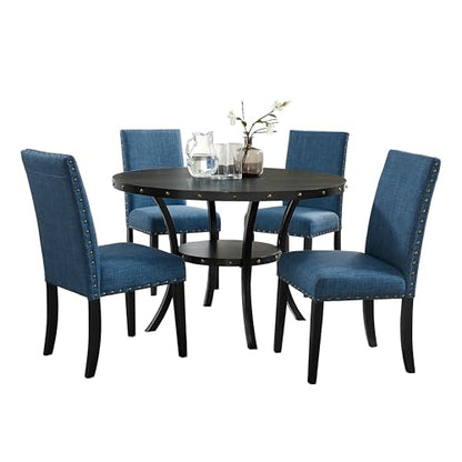 Collection Biony Espresso Wood Dining Set with Blue Fabric Nailhead Chairs