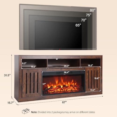 Farmhouse TV Stand with 36" Fireplace, Walnut, view 3