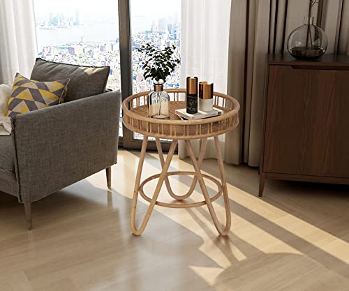 Rattan Side Table with Wicker Tray Top 20x23'', Boho Hand-Woven End Table, Small Round End Table with Hairpin Legs, Coffee Table Set for Living Room, Bedroom (Handcraft)