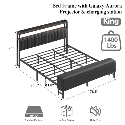 King Size Platform Bed Frame with Storage Headboard, Star Projector, Black, view 3