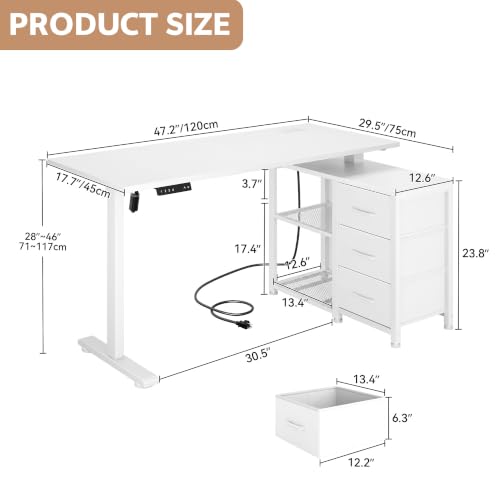 47 Inch L Shaped Desk with 3 Drawers Electric Standing Desks with Storage, view 3
