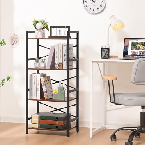 4 Tier Bookshelf - Small Book Shelf Industrial Bookcase, Narrow Book Case Book Storage Organizer for CD/Movie/Book, Bookshelves for Bedroom Office Living Room Berry Brown