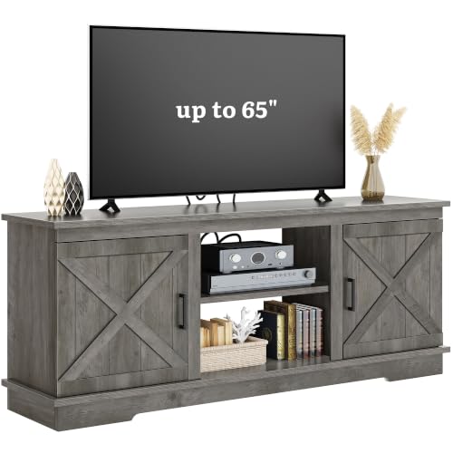 Farmhouse TV Stand for 65 Inch TV, Double Barn Doors, Rustic Grey, view 7