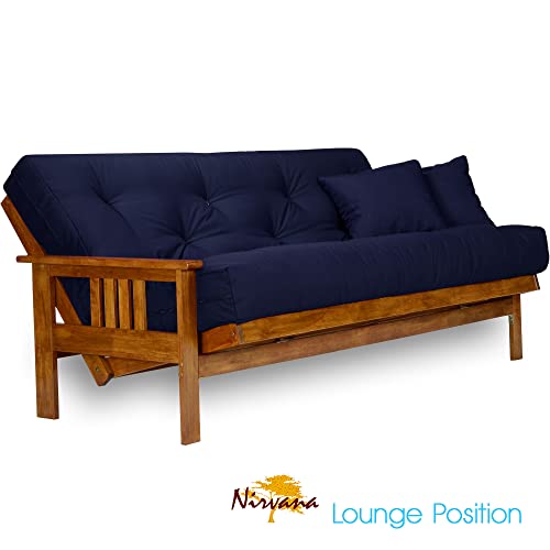Stanford Futon Set - Full Size Futon Frame with Mattress Included (8 Inch Thick Mattress, Twill Navy Blue Color), Heavy Duty Wood, Popular Sofa Bed Choice