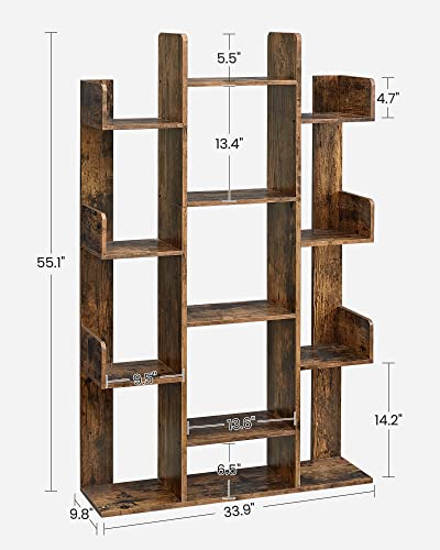 VASAGLE CUSTOS Collection - Bookshelf, Tree-Shaped Bookcase with 13 Storage Shelves, Rounded Corners, 9.8 x 33.9 x 55.1 Inches, Rustic Brown ULBC67BXV1