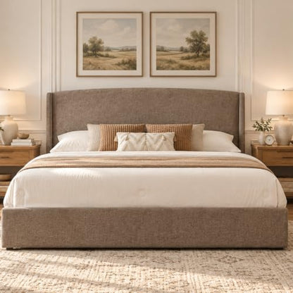 King Storage Bed Frame with Drawers, Upholstered Headboard, Taupe, view 2