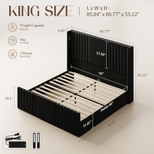 55" Tall King Size Platform Bed Frame with 2 Reading Lights, Black, view 3